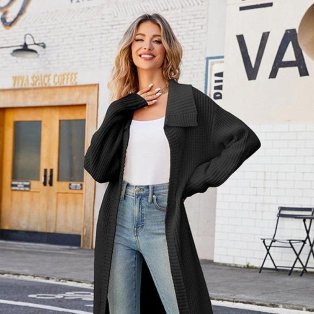 Women Waffle Knit Lapel Long Length Cardigan "BLACK"